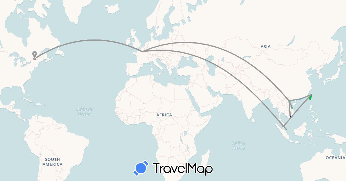 TravelMap itinerary: driving, bus, plane, boat in Canada, France, Hong Kong, Macau, Malaysia, Singapore, Taiwan, Vietnam (Asia, Europe, North America)